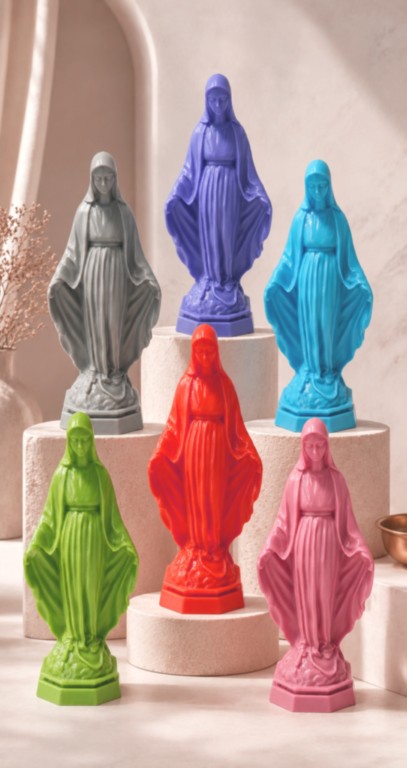 Vierge Marie de couleur rouge, mauve,verte,bleu ciel, rose satin,blanche vierge-marie-en-couleur-figurine-fabbrica-corsa