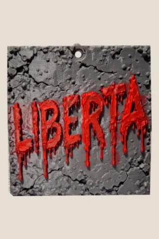 Cadre mural 3D Libertà, tag de rue corse aux lettres rouges coulantes sur fond gris effet béton fissuré. cadre-mural-3d-liberta-corse-face.webp